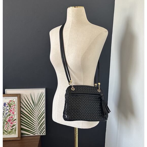 SISO ITALY VINTAGE LEATHER Woven Handbag Black Bottega Style Gold Accents - Picture 1 of 9